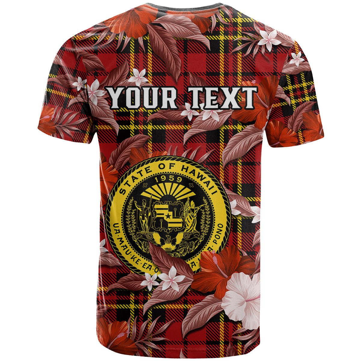 (Custom Personalised) Hawaii State T Shirt Tropical Flowers Mix Tartan Red Version