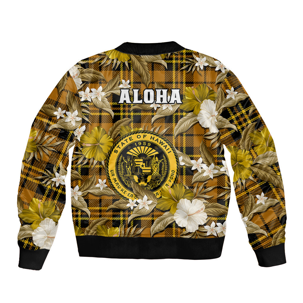 Hawaii State Bomber Jacket Tropical Flowers Mix Tartan Gold Version