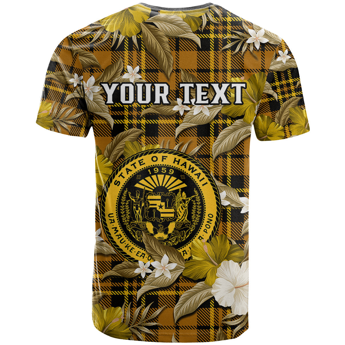 (Custom Personalised) Hawaii State T Shirt Tropical Flowers Mix Tartan Gold Version