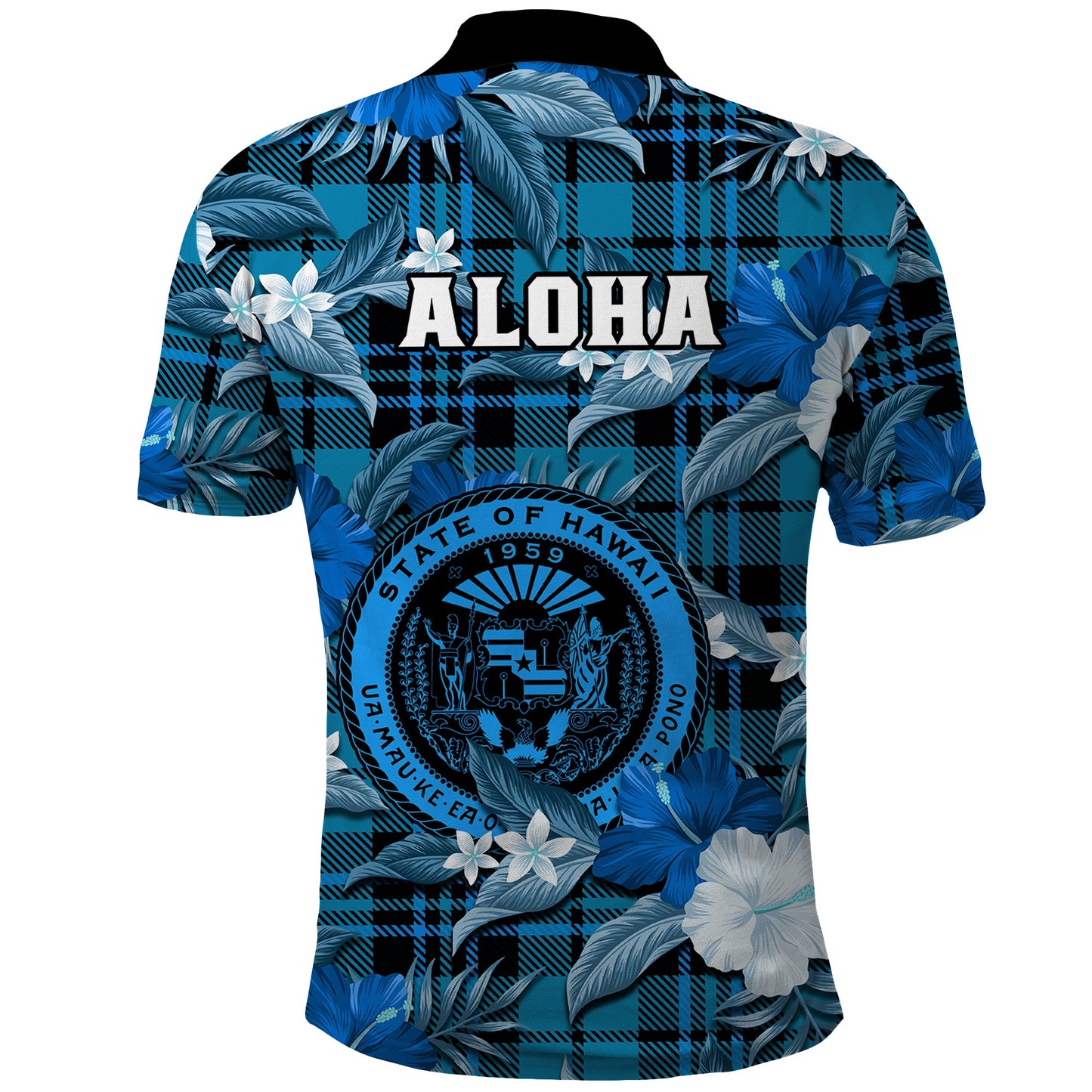 Hawaii State Polo Shirt Tropical Flowers Mix Tartan Blue Version