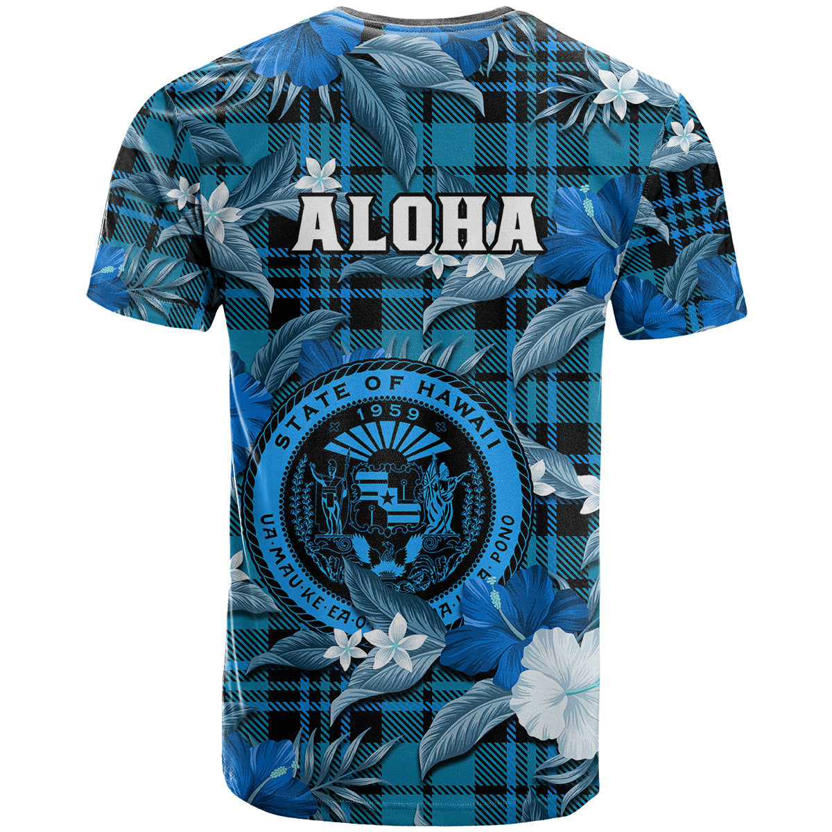 Hawaii State T Shirt Tropical Flowers Mix Tartan Blue Version