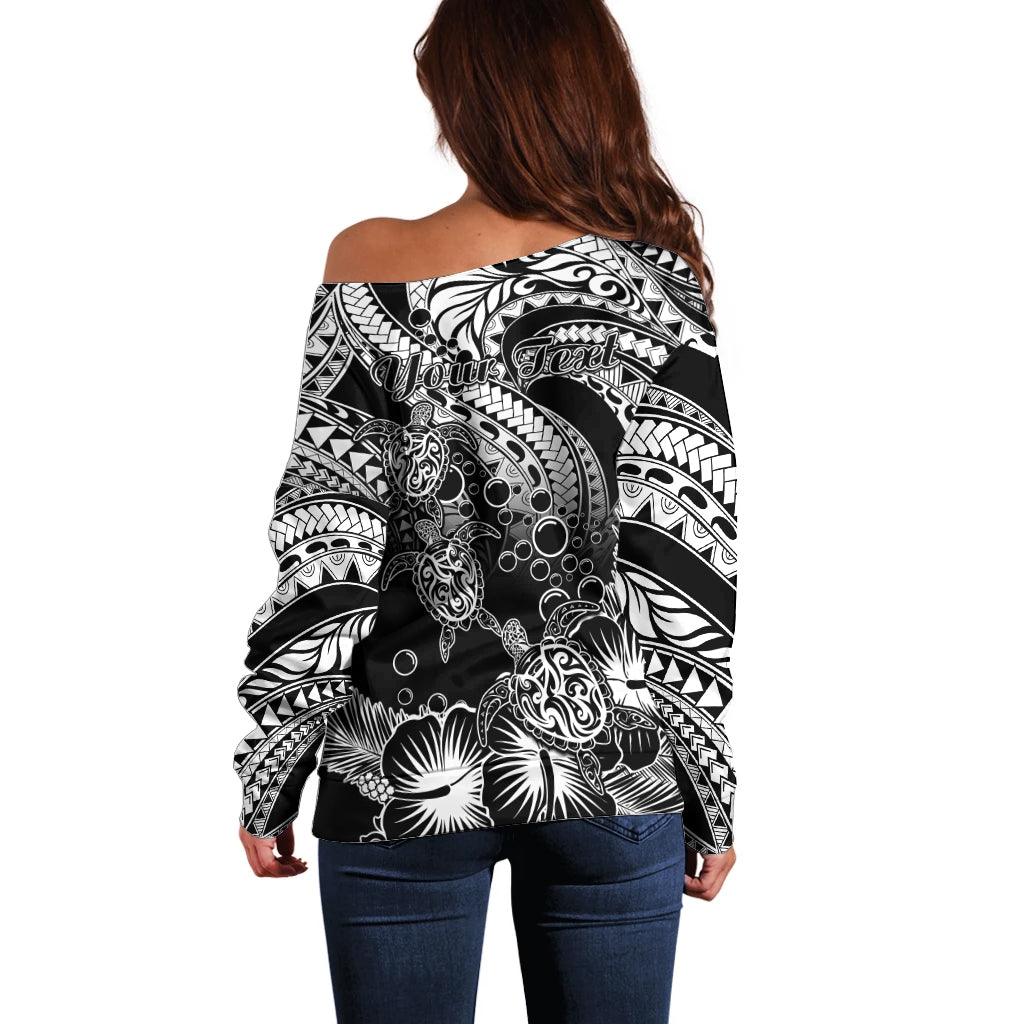 Personalised Polynesian Off Shoulder Sweater Tribal Honu Turtle with Hibiscus White Version