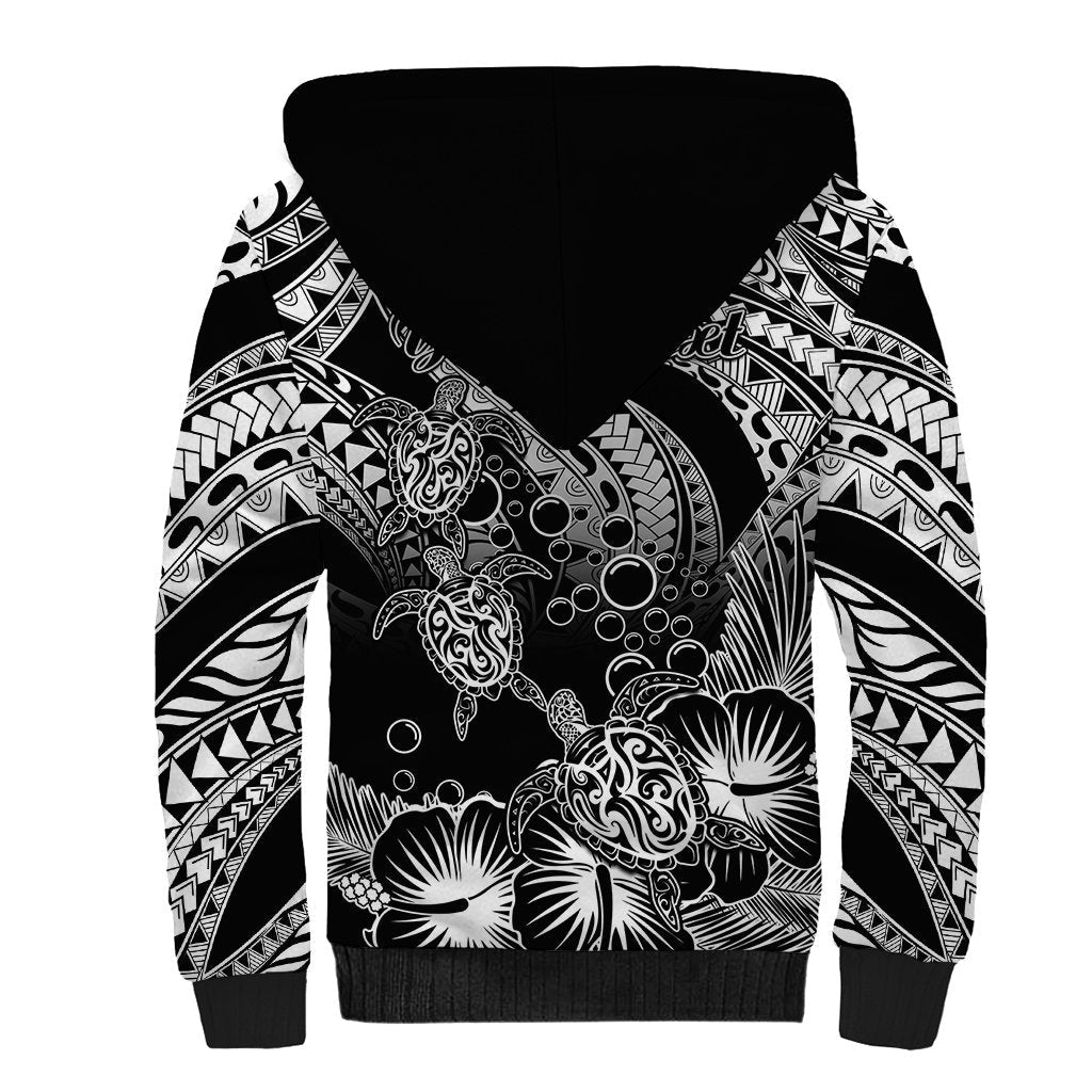 Personalised Polynesian Sherpa Hoodie Tribal Honu Turtle with Hibiscus White Version