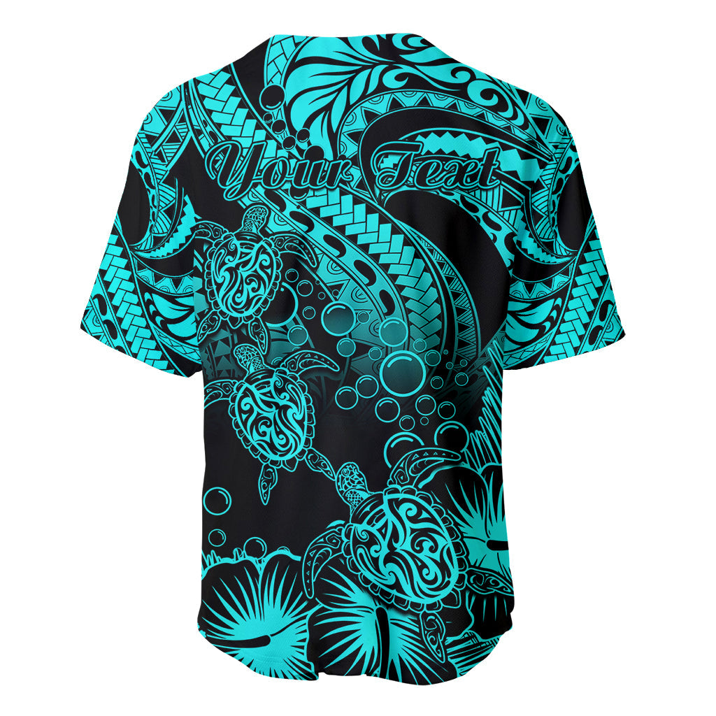 Personalised Polynesian Baseball Jersey Tribal Honu Turtle with Hibiscus Turquoise Version