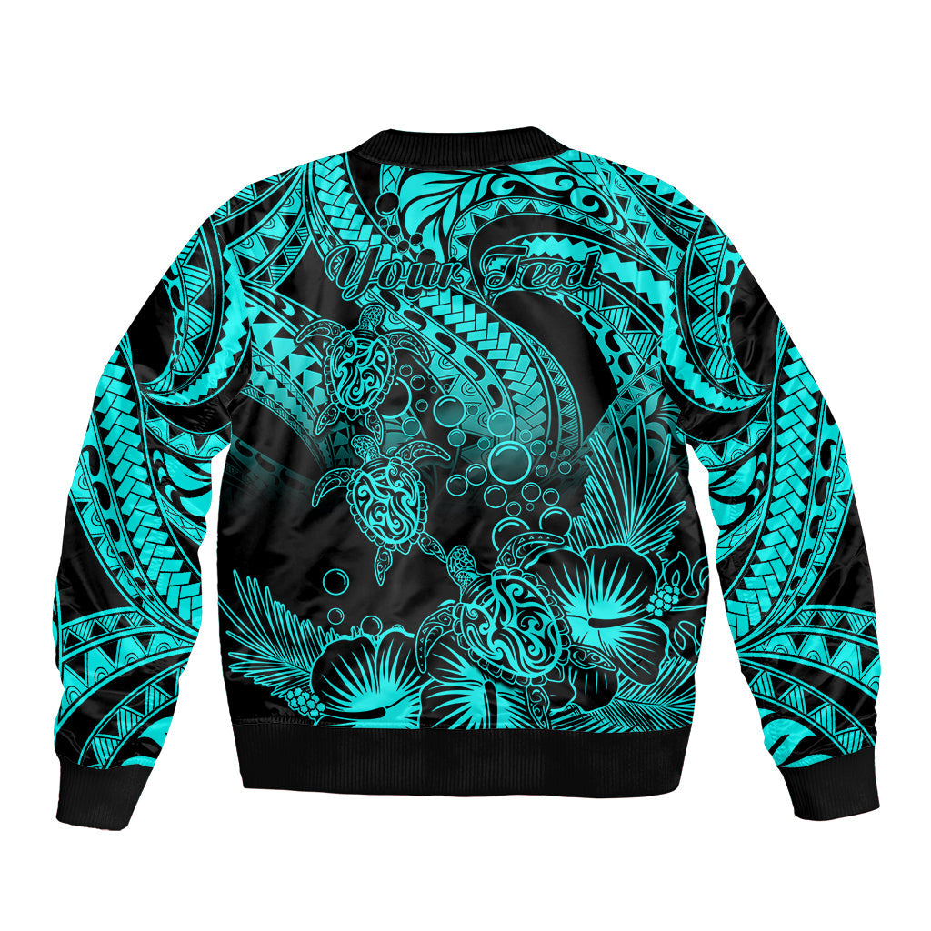 Personalised Polynesian Bomber Jacket Tribal Honu Turtle with Hibiscus Turquoise Version