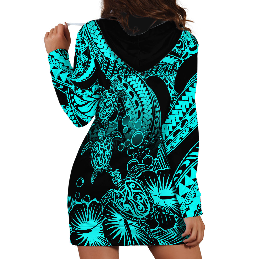 Personalised Polynesian Hoodie Dress Tribal Honu Turtle with Hibiscus Turquoise Version