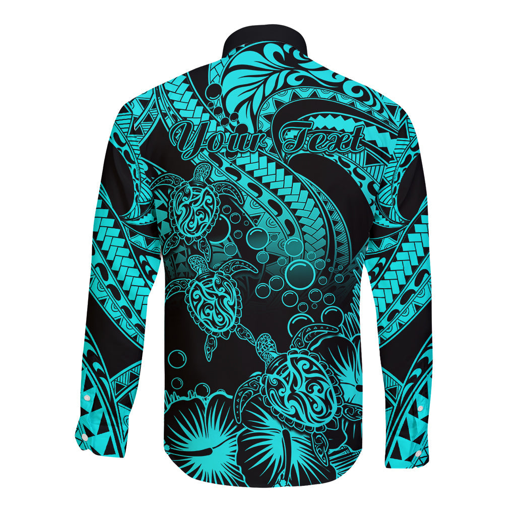 Personalised Polynesian Long Sleeve Button Shirt Tribal Honu Turtle with Hibiscus Turquoise Version