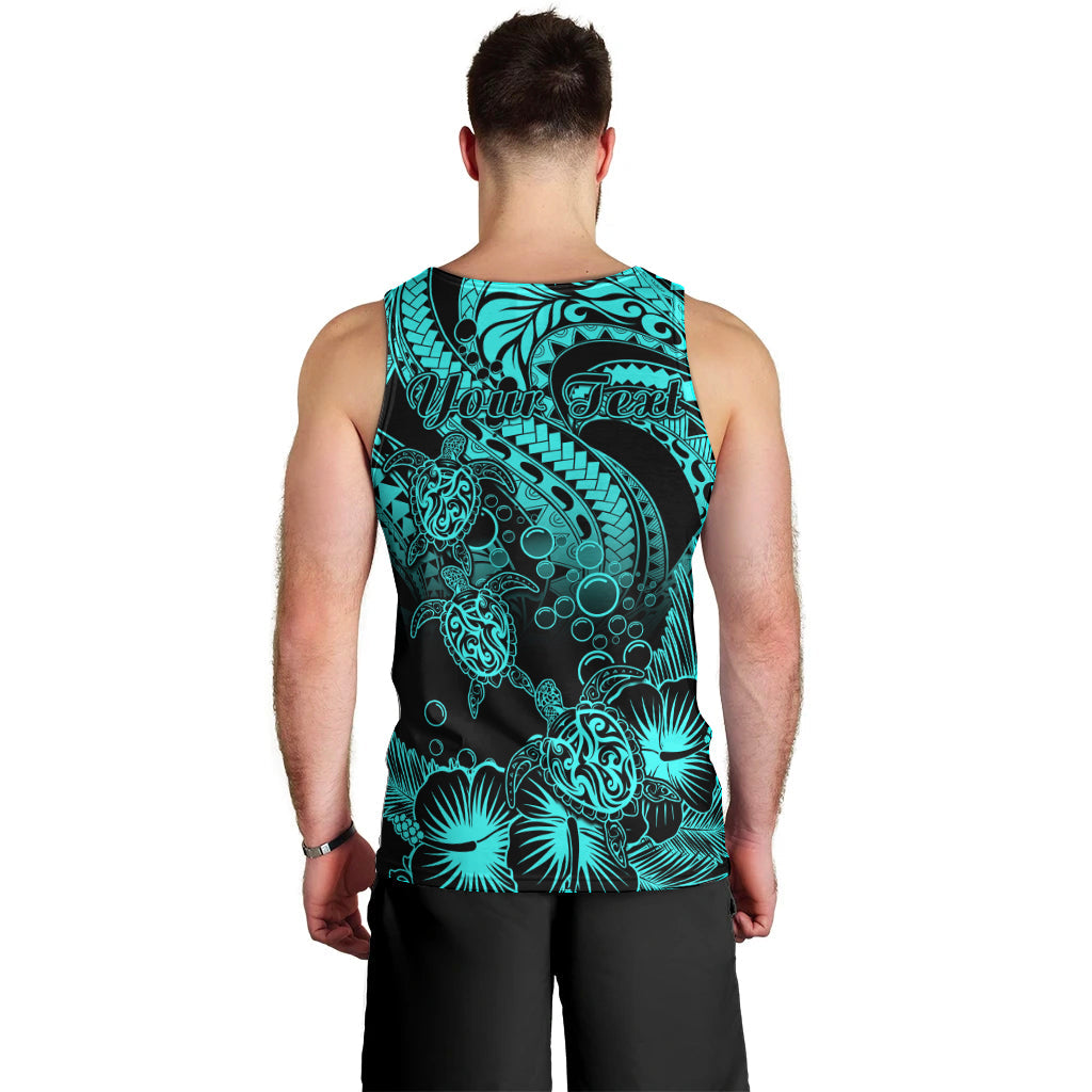 Personalised Polynesian Men Tank Top Tribal Honu Turtle with Hibiscus Turquoise Version