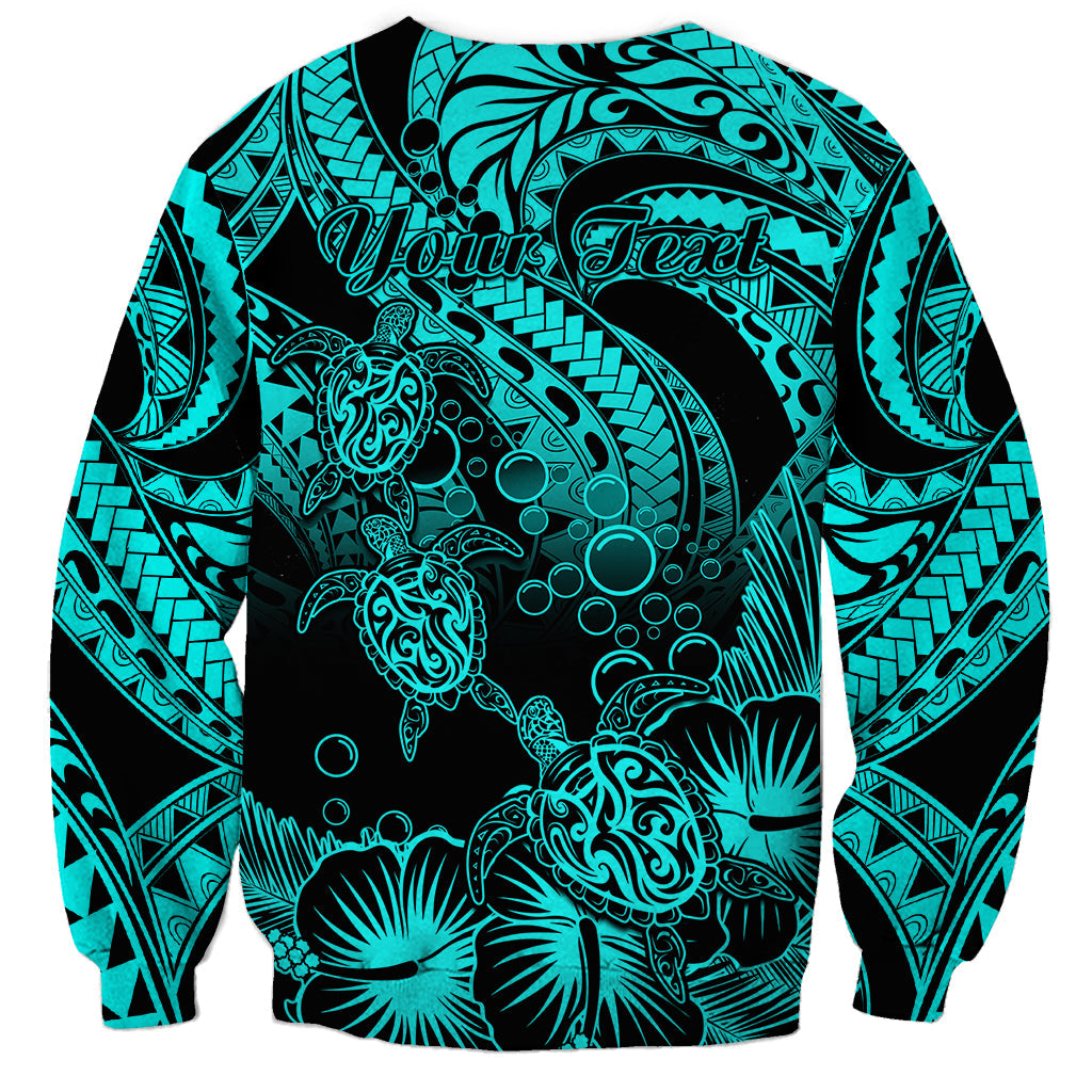 Personalised Polynesian Sweatshirt Tribal Honu Turtle with Hibiscus Turquoise Version