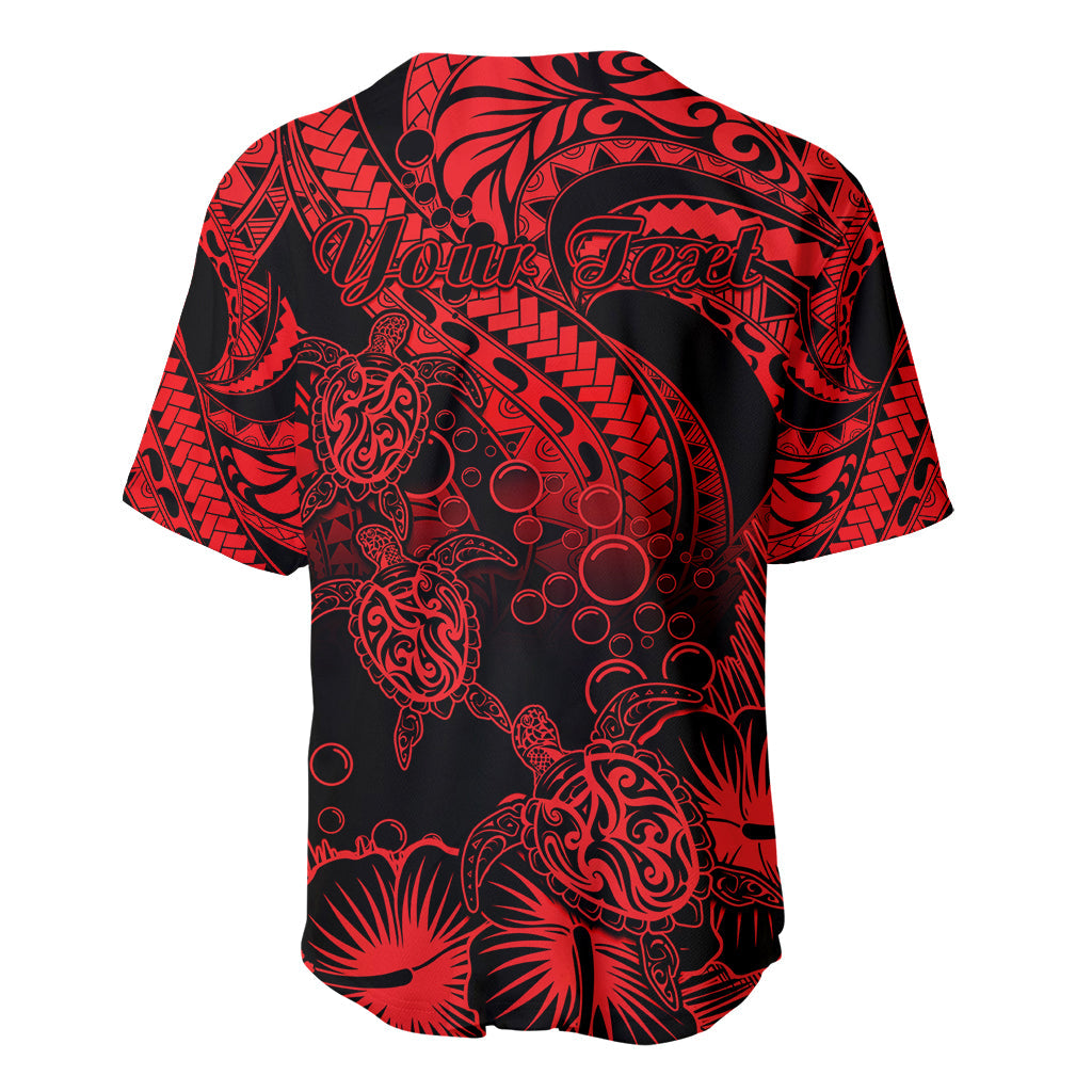 Personalised Polynesian Baseball Jersey Tribal Honu Turtle with Hibiscus Red Version