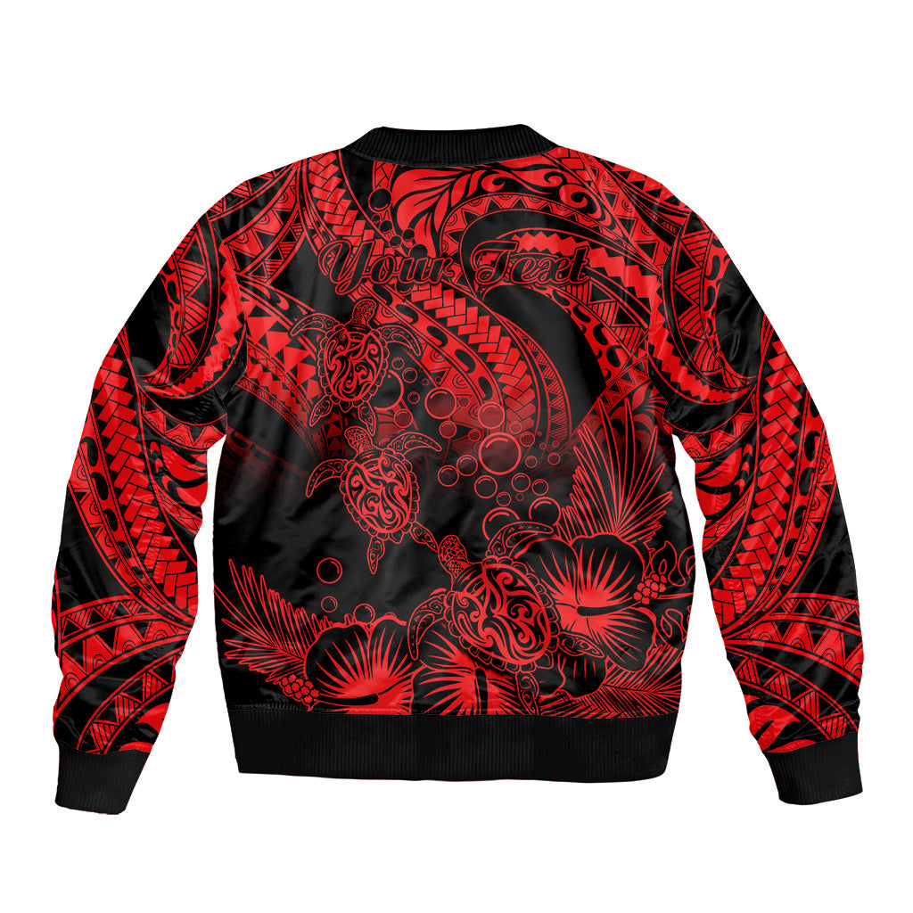 Personalised Polynesian Bomber Jacket Tribal Honu Turtle with Hibiscus Red Version
