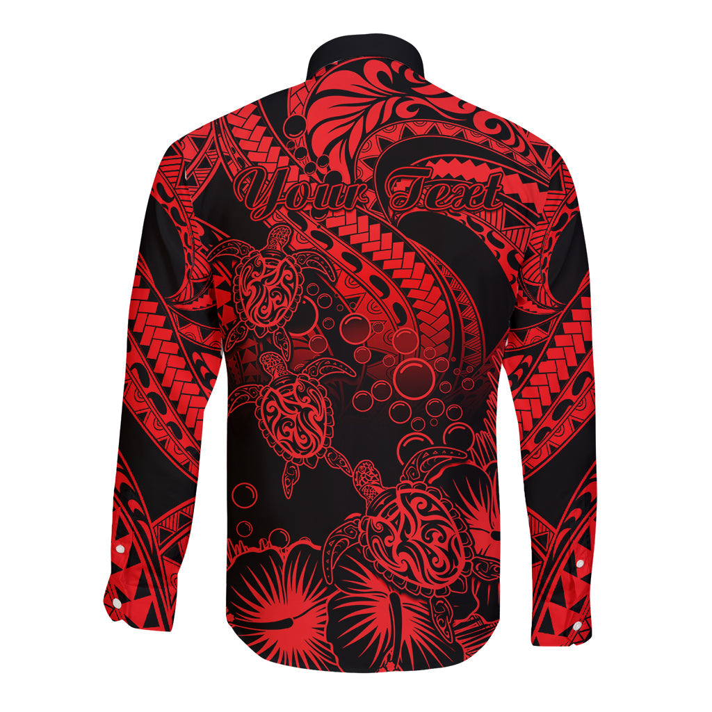 Personalised Polynesian Long Sleeve Button Shirt Tribal Honu Turtle with Hibiscus Red Version