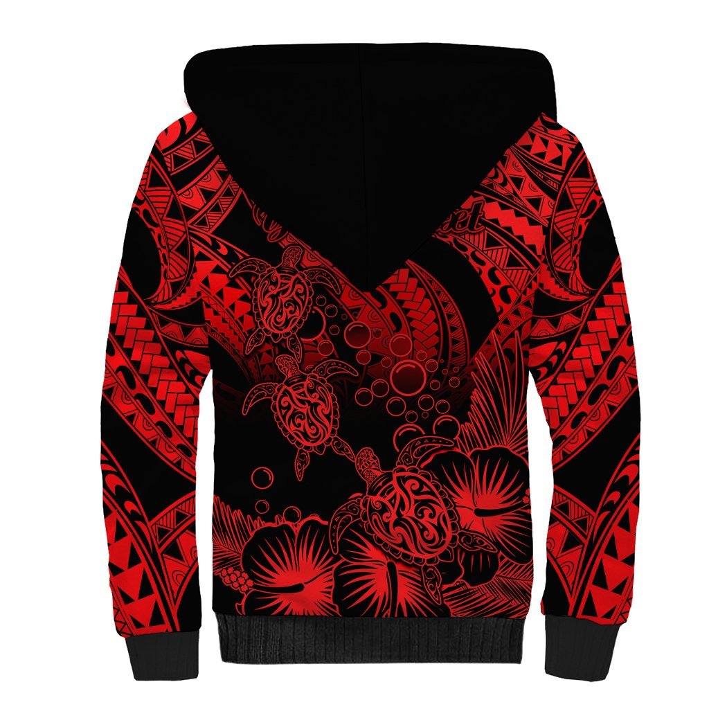 Personalised Polynesian Sherpa Hoodie Tribal Honu Turtle with Hibiscus Red Version