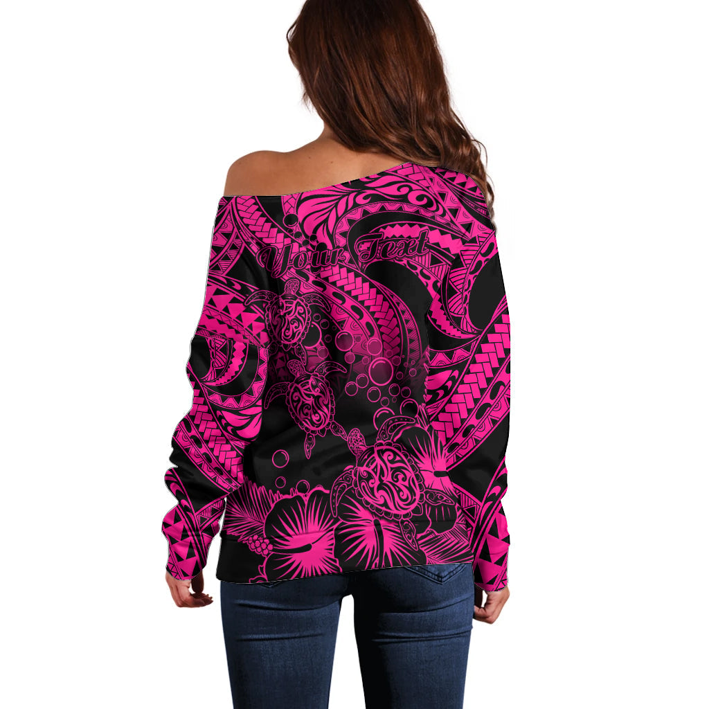 Personalised Polynesian Off Shoulder Sweater Tribal Honu Turtle with Hibiscus Pink Version