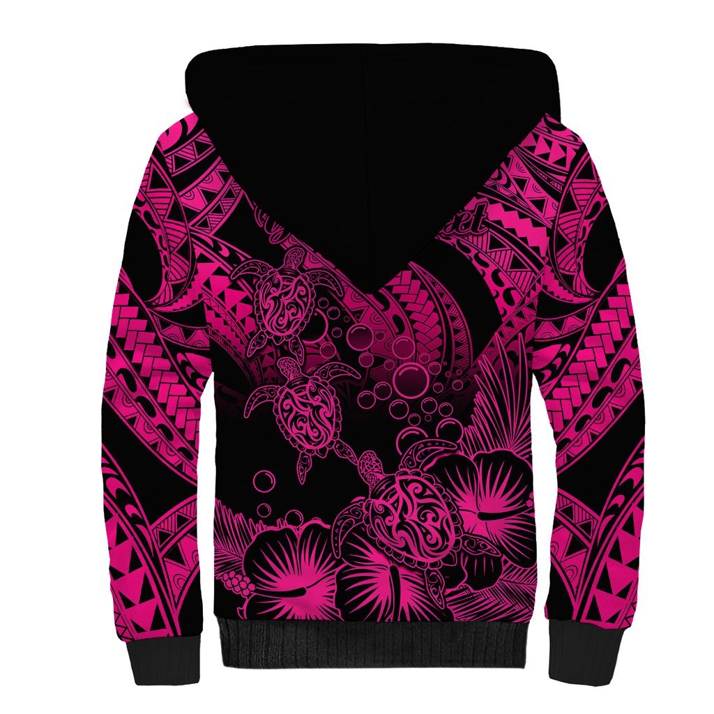 Personalised Polynesian Sherpa Hoodie Tribal Honu Turtle with Hibiscus Pink Version