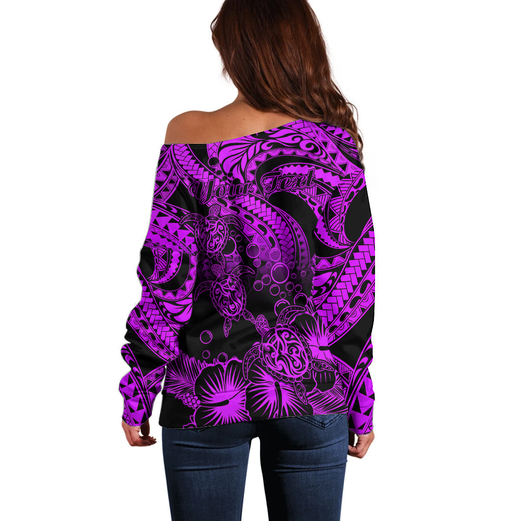 Personalised Polynesian Off Shoulder Sweater Tribal Honu Turtle with Hibiscus Purple Version