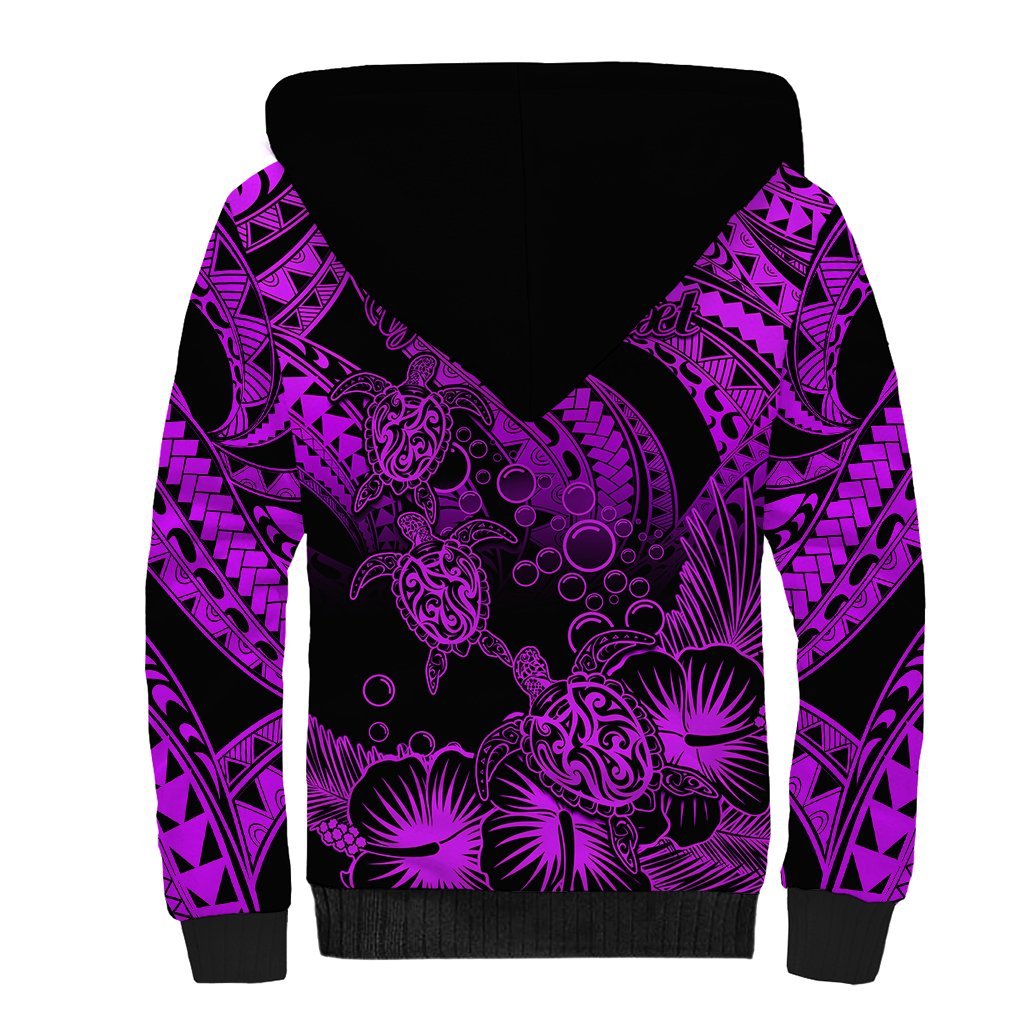 Personalised Polynesian Sherpa Hoodie Tribal Honu Turtle with Hibiscus Purple Version