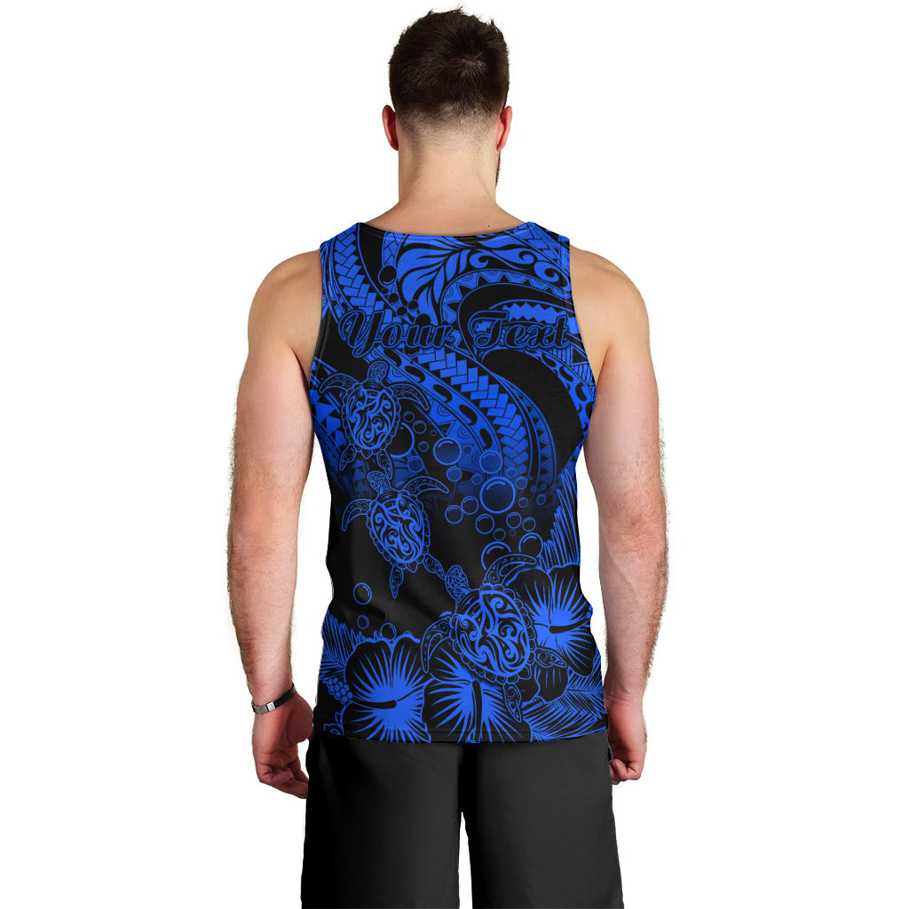 Personalised Polynesian Men Tank Top Tribal Honu Turtle with Hibiscus Blue Version