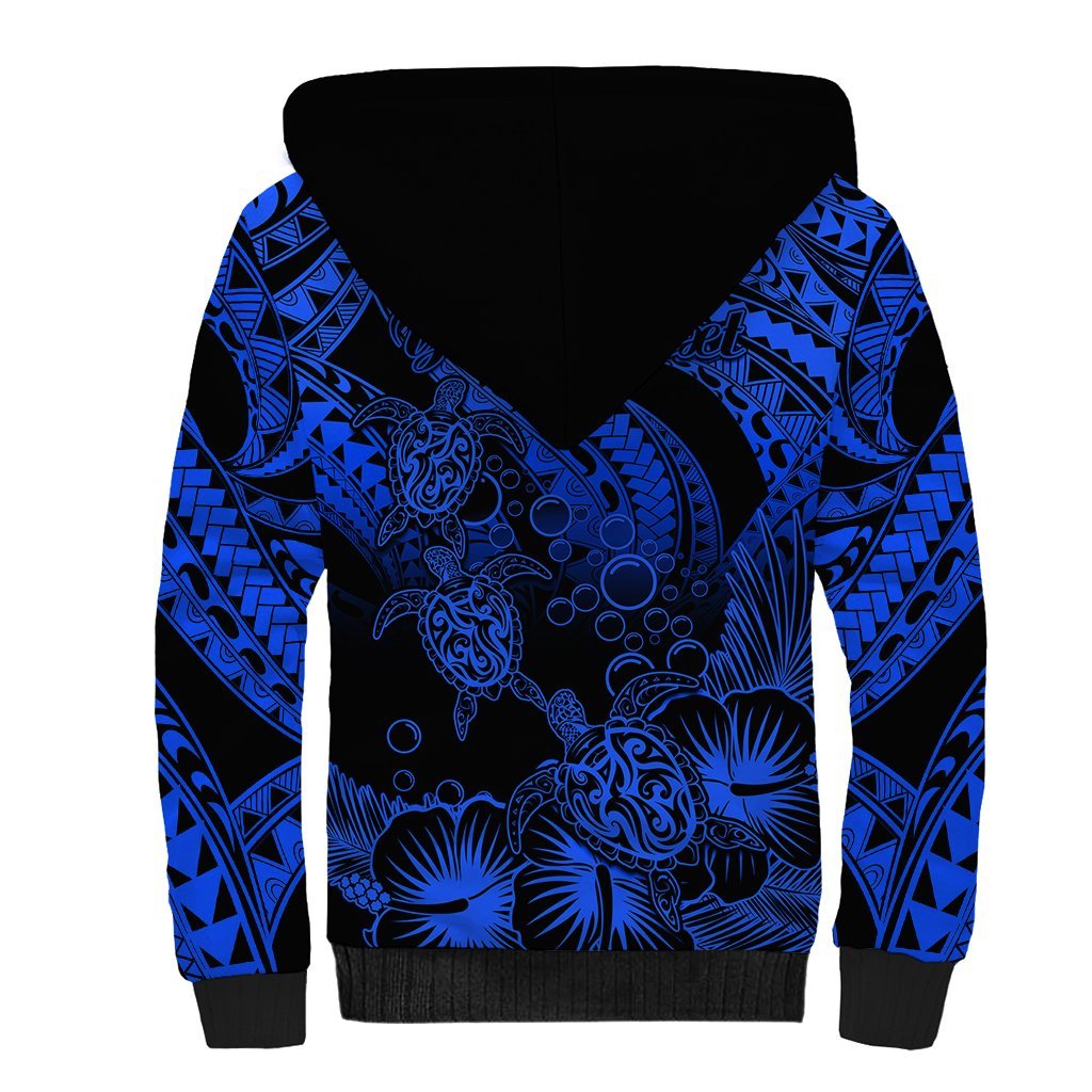 Personalised Polynesian Sherpa Hoodie Tribal Honu Turtle with Hibiscus Blue Version