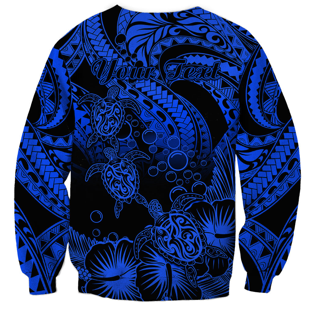 Personalised Polynesian Sweatshirt Tribal Honu Turtle with Hibiscus Blue Version
