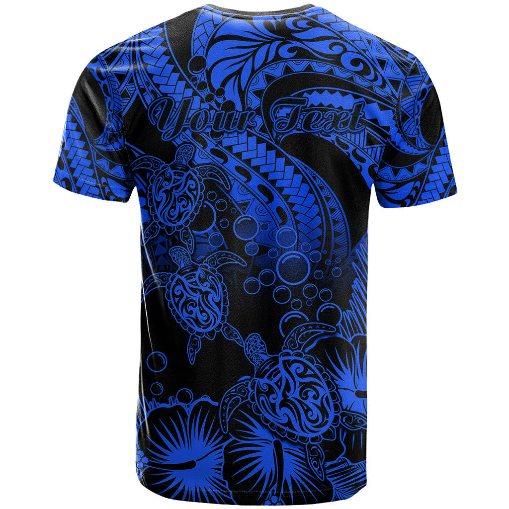 Personalised Polynesian T Shirt Tribal Honu Turtle With Hibiscus Blue Version