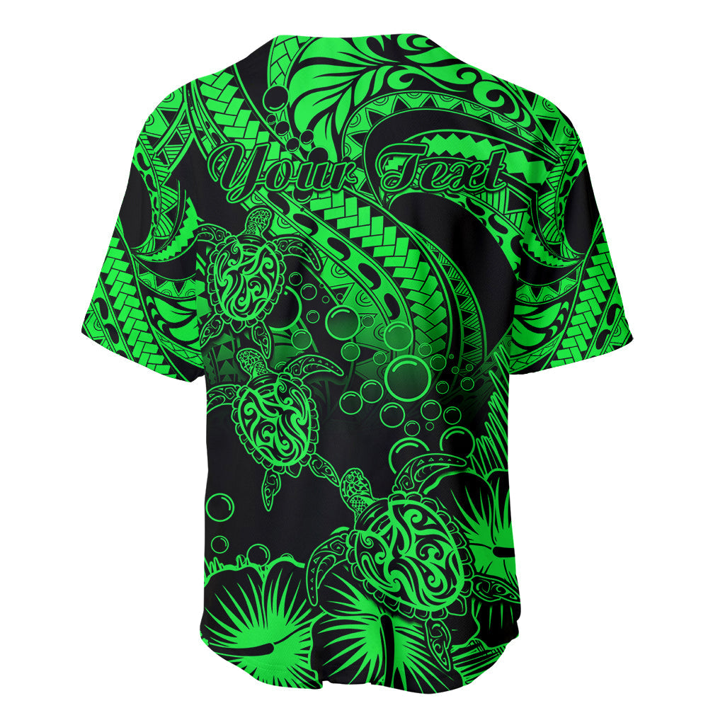 Personalised Polynesian Baseball Jersey Tribal Honu Turtle with Hibiscus Green Version