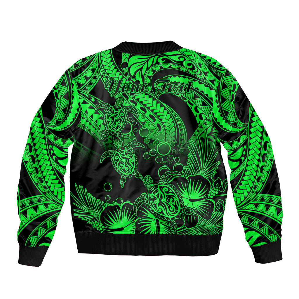 Personalised Polynesian Bomber Jacket Tribal Honu Turtle with Hibiscus Green Version