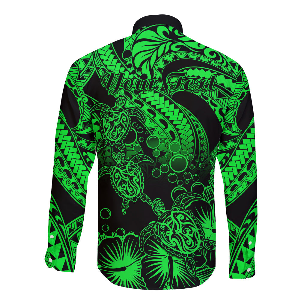 Personalised Polynesian Long Sleeve Button Shirt Tribal Honu Turtle with Hibiscus Green Version