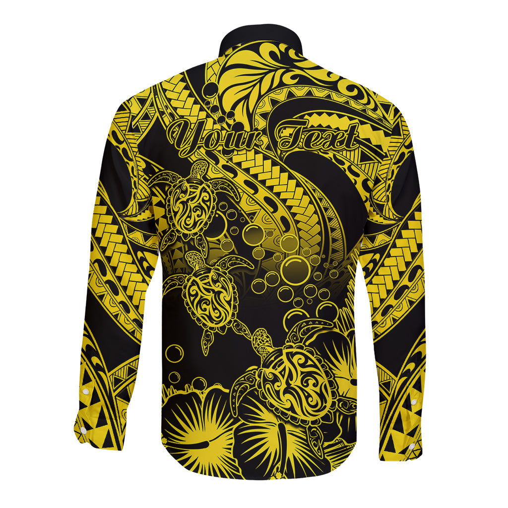 Personalised Polynesian Long Sleeve Button Shirt Tribal Honu Turtle with Hibiscus Gold Version
