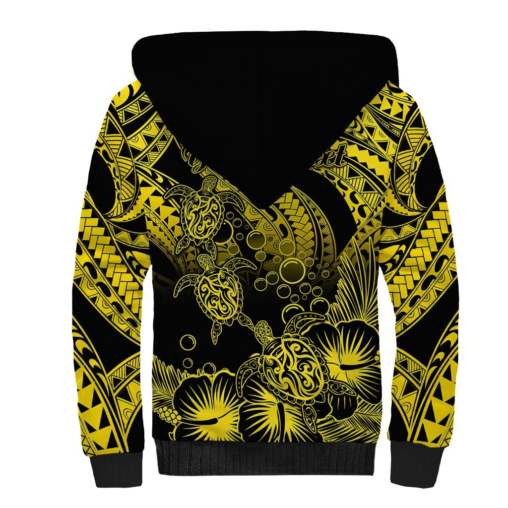 Personalised Polynesian Sherpa Hoodie Tribal Honu Turtle with Hibiscus Gold Version