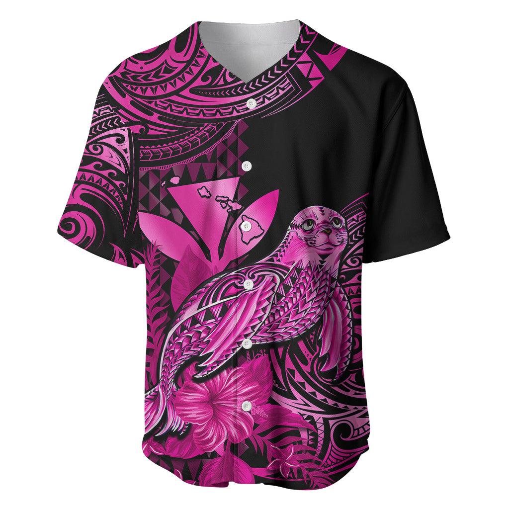 (Custom Personalised) Hawaii Monk Seal Baseball Jersey Polynesian Kakau With Kanaka Pink