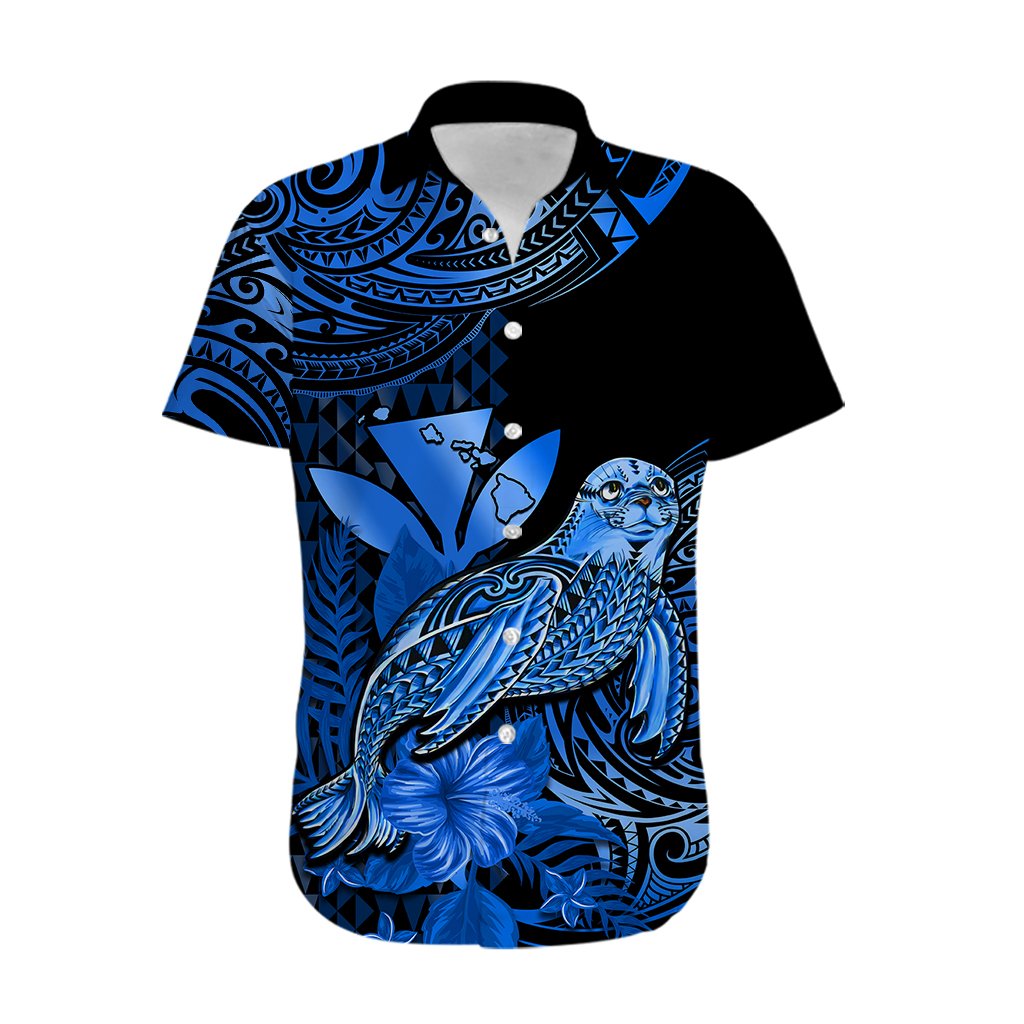 Custom Personalised Hawaii Monk Seal Hawaiian Shirt Polynesian Kakau With Kanaka Blue