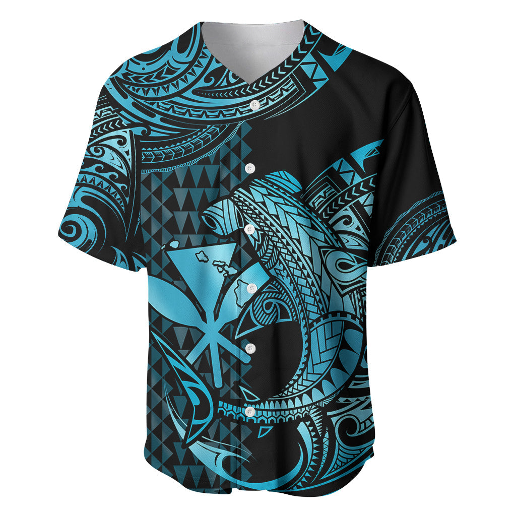 (Custom Personalised) Hawaii Hammerhead Shark Baseball Jersey Polynesian Kakau With Kanaka Turquoise