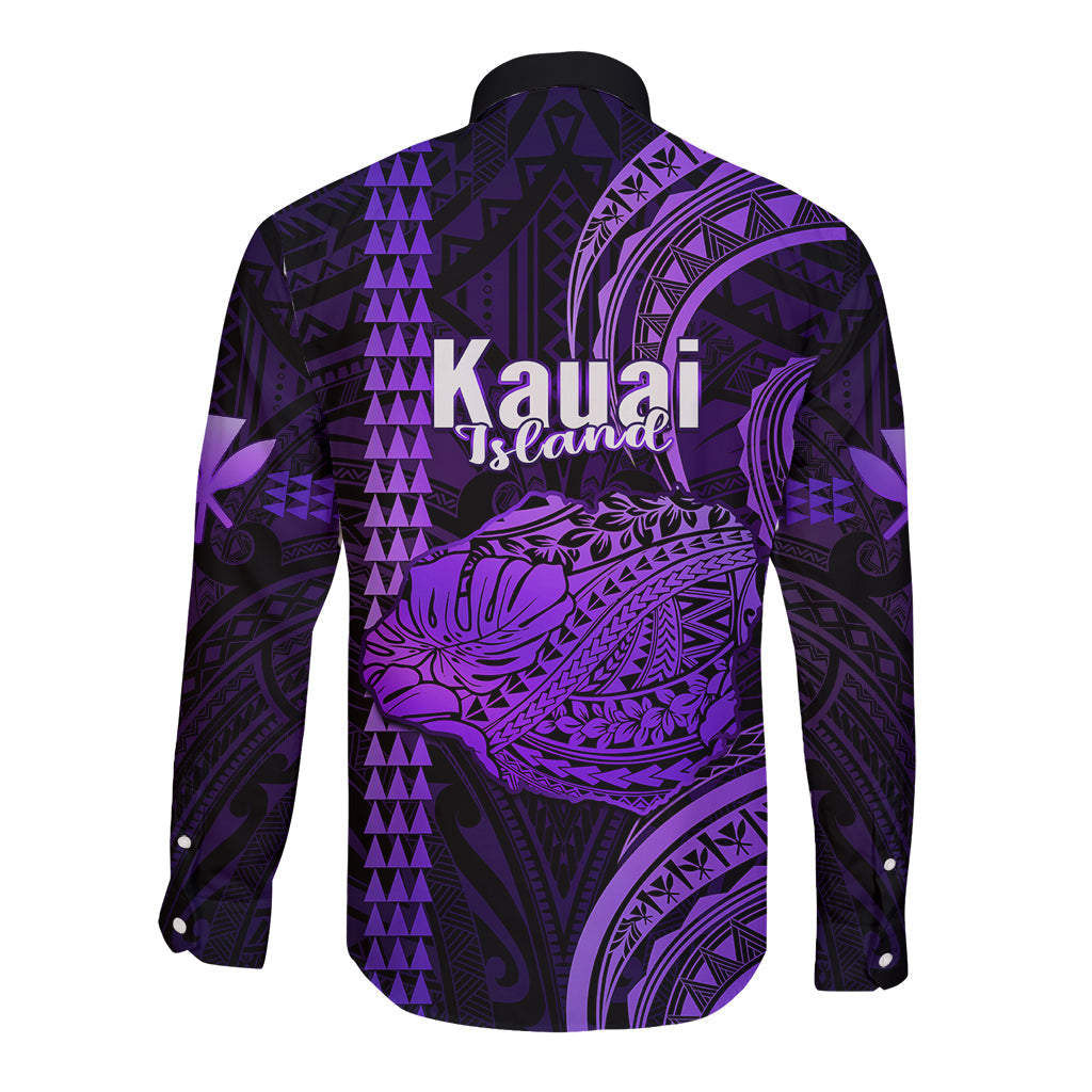 Polynesian Hawaiian Islands Long Sleeve Button Shirt Kauai Map Purple Kanaka With Kakau