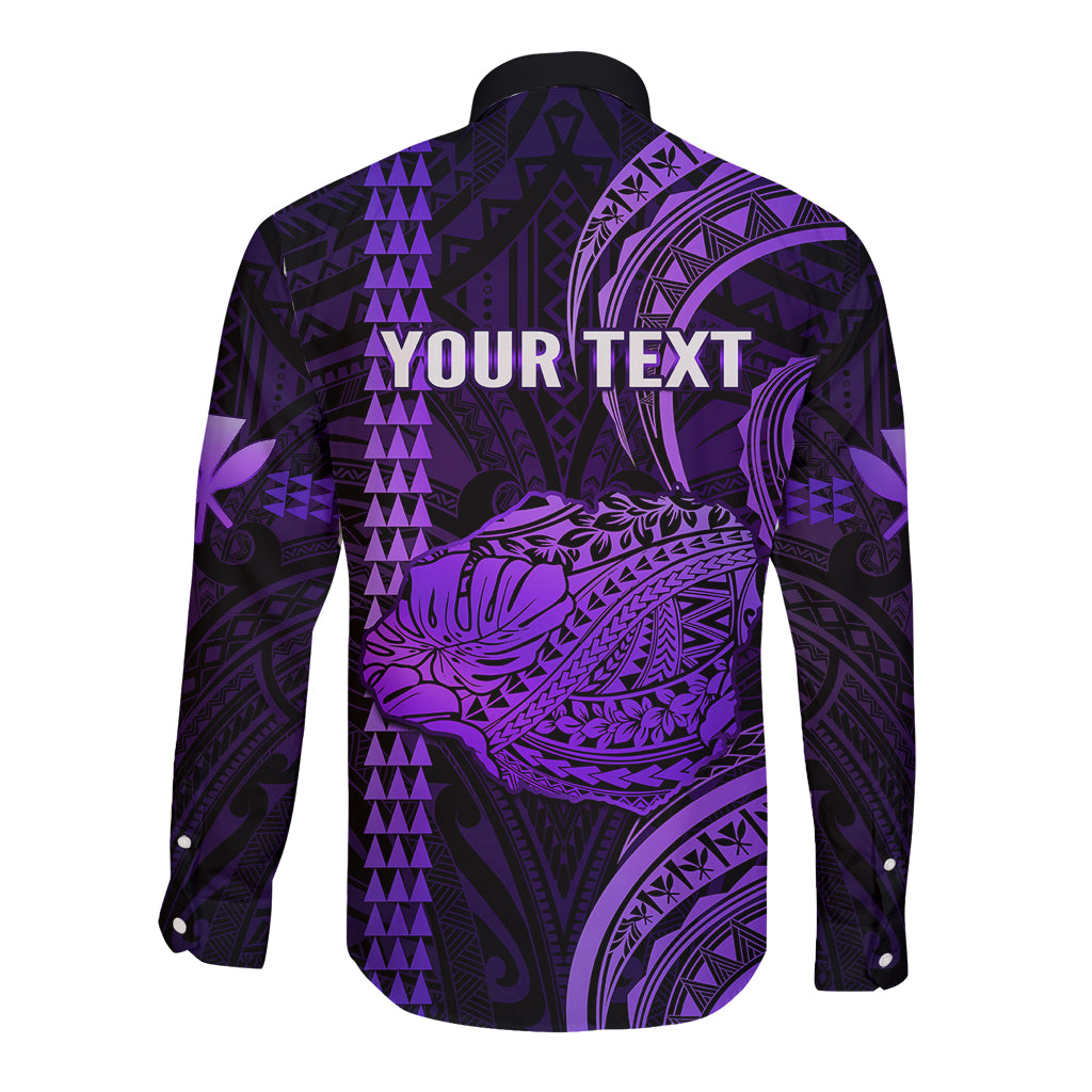 Personalised Hawaiian Islands Long Sleeve Button Shirt Kauai Map Purple Kanaka With Kakau
