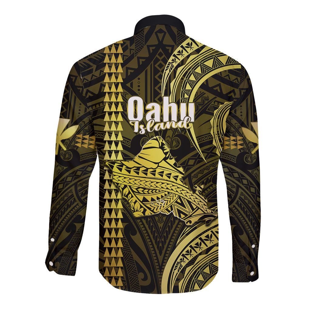 Polynesian Hawaiian Islands Long Sleeve Button Shirt Oahu Map Yellow Kanaka With Kakau