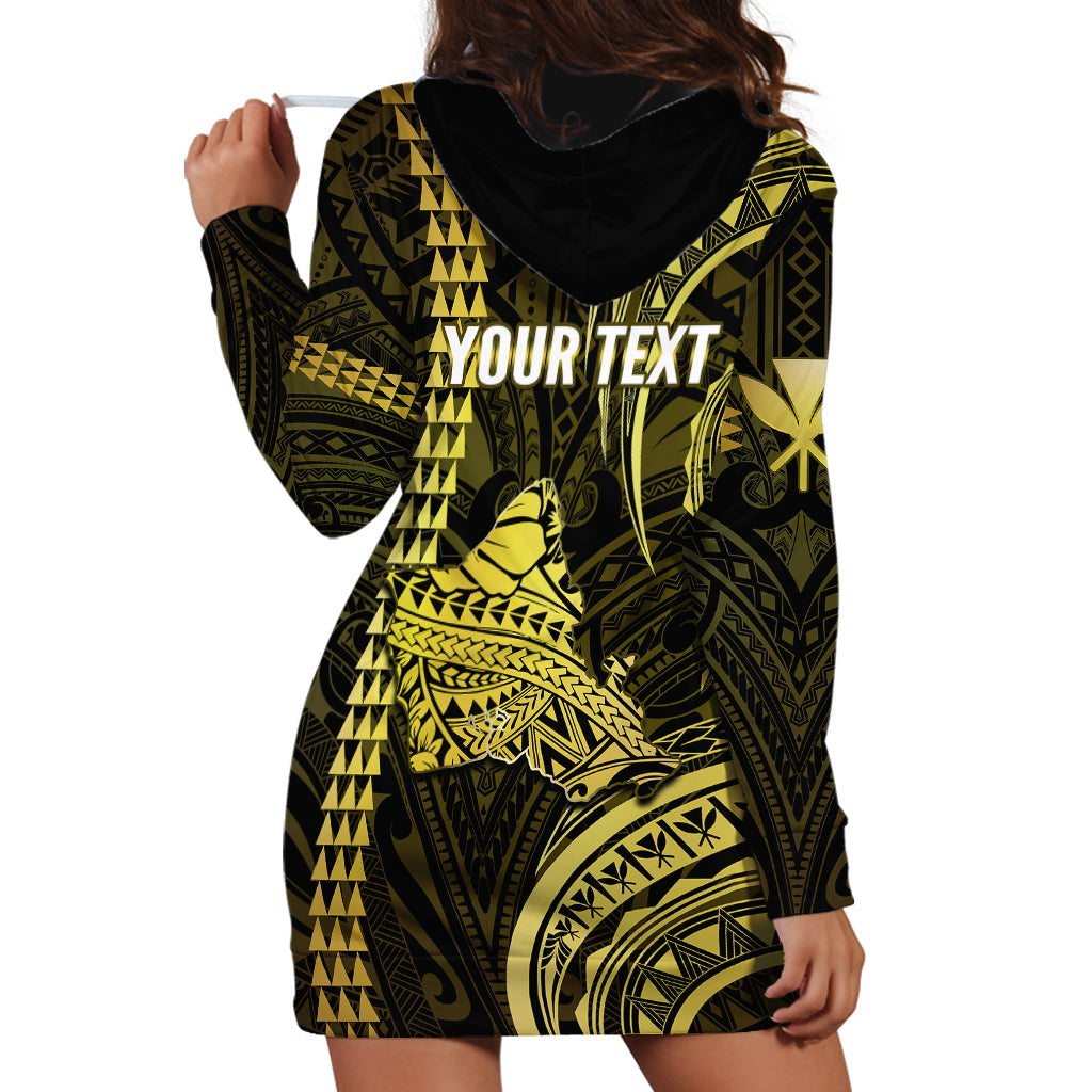 Personalised Hawaiian Islands Hoodie Dress Oahu Map Yellow Kanaka With Kakau