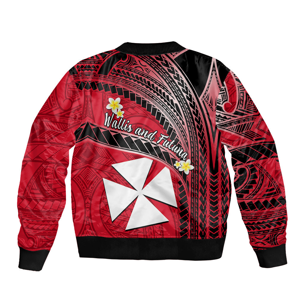 Wallis And Futuna Bomber Jacket Plumeria Flowers With Red Polynesian Pattern