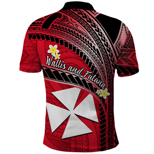 Wallis And Futuna Polo Shirt Plumeria Flowers With Red Polynesian Pattern