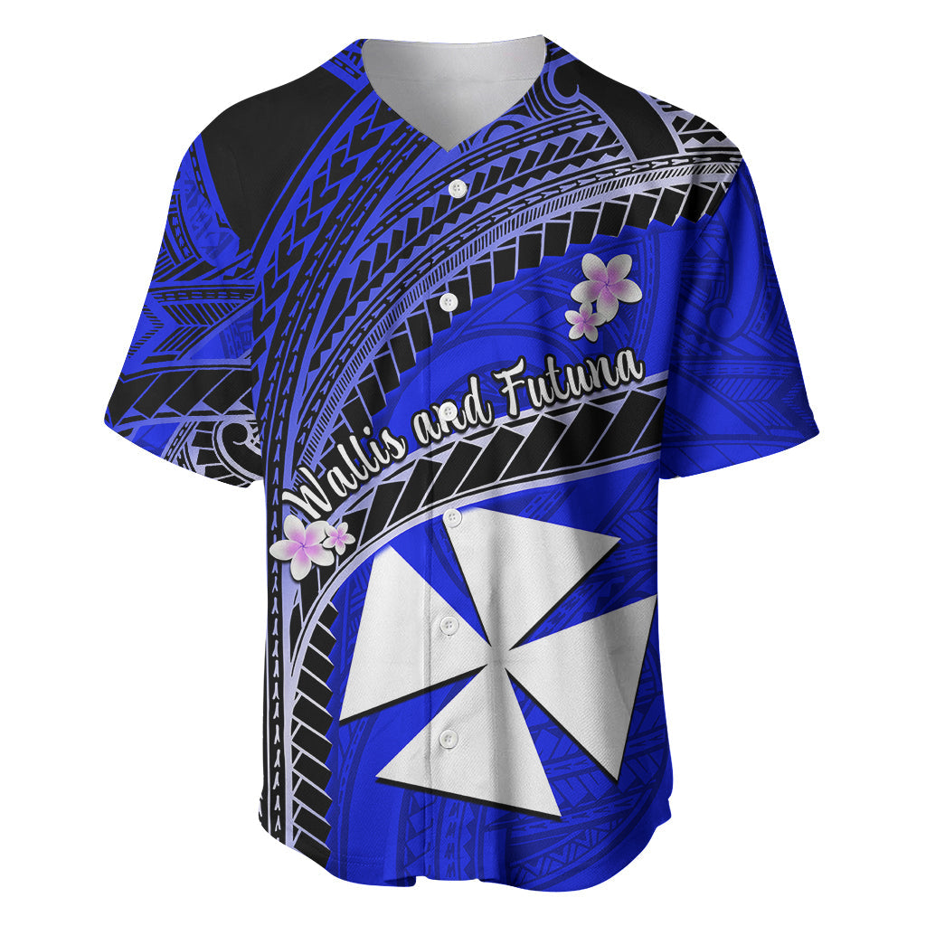 (Custom Personalised) Wallis And Futuna Baseball Jersey Plumeria Flowers With Blue Polynesian Pattern