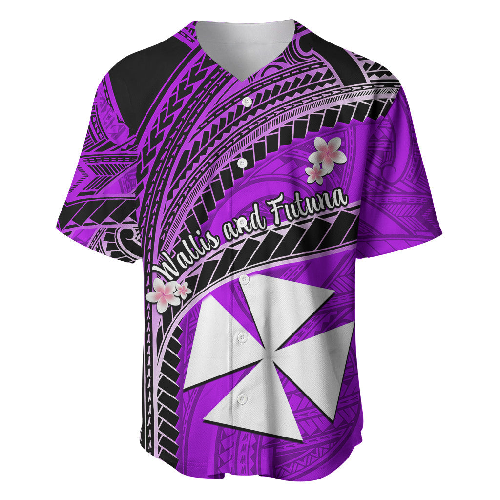 (Custom Personalised) Wallis And Futuna Baseball Jersey Plumeria Flowers With Purple Polynesian Pattern