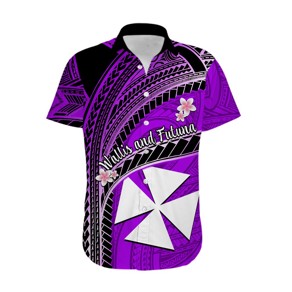 Custom Personalised Wallis And Futuna Hawaiian Shirt Plumeria Flowers With Purple Polynesian Pattern