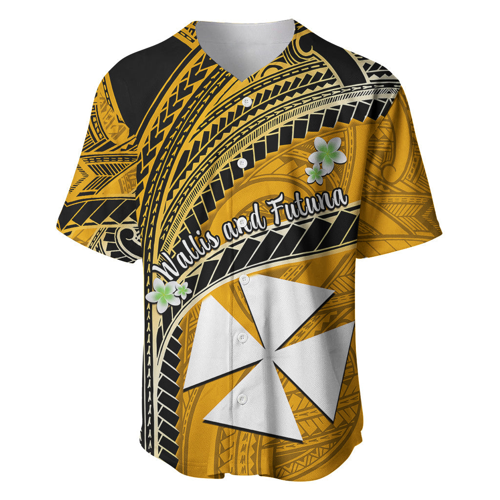 (Custom Personalised) Wallis And Futuna Baseball Jersey Plumeria Flowers With Gold Polynesian Pattern