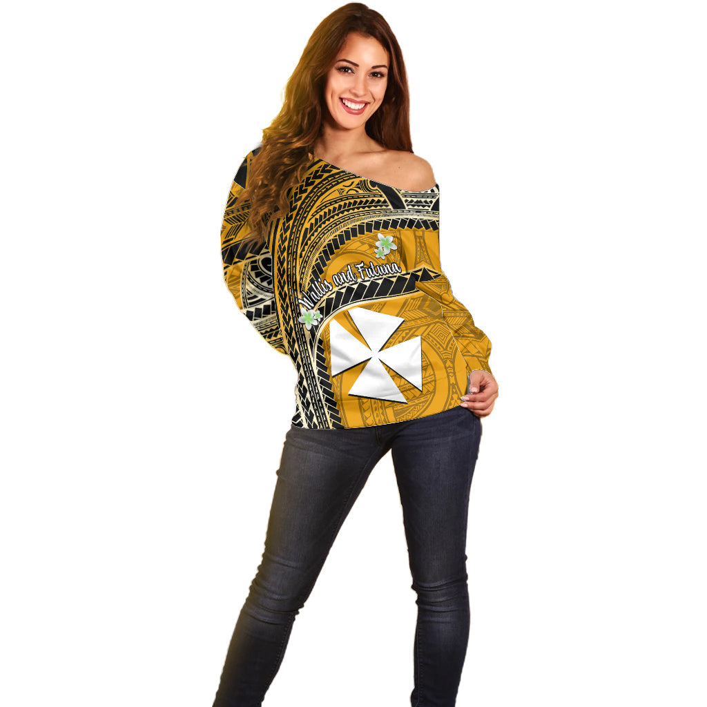 (Custom Personalised) Wallis And Futuna Off Shoulder Sweater Plumeria Flowers With Gold Polynesian Pattern