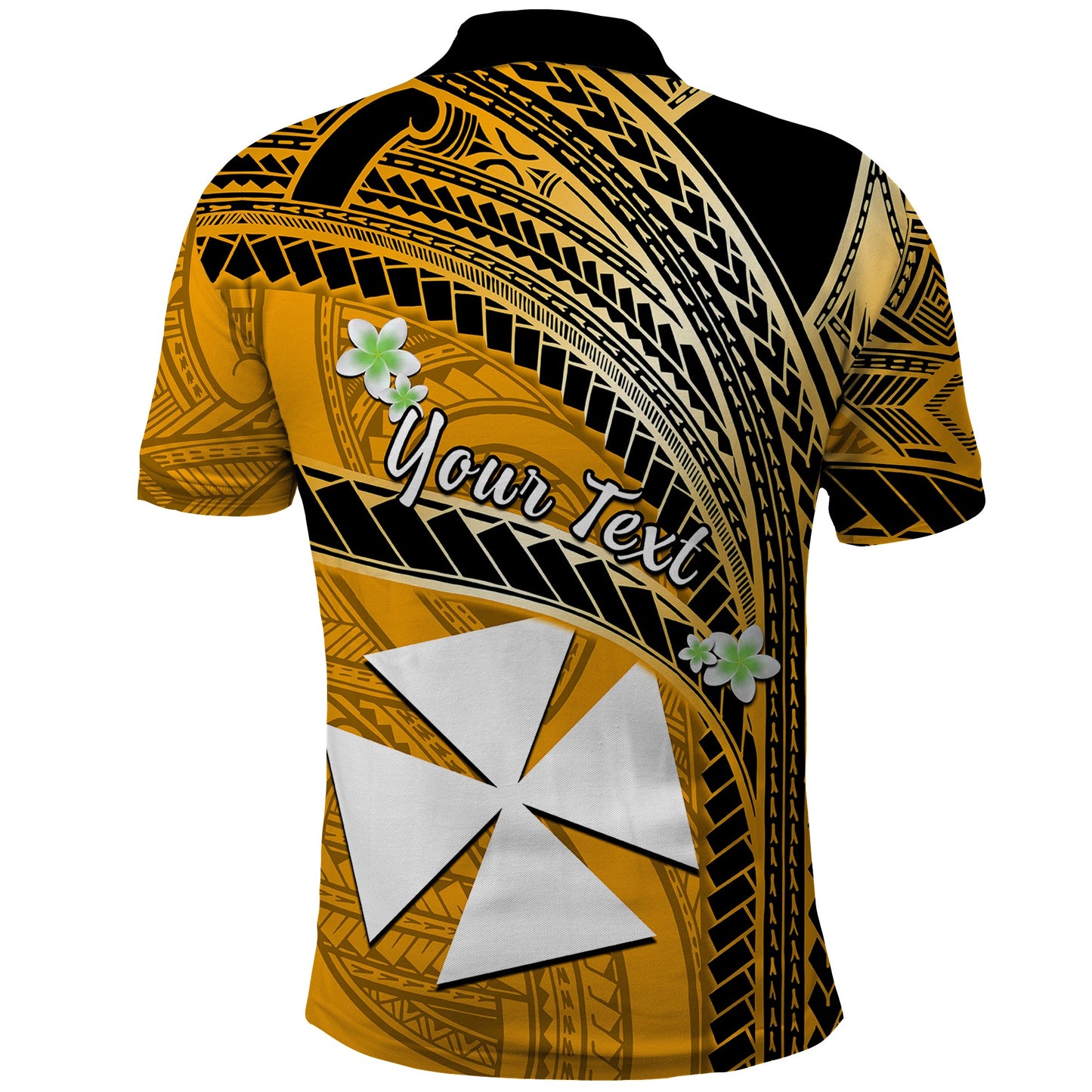 Custom Personalised Wallis And Futuna Polo Shirt Plumeria Flowers With Gold Polynesian Pattern