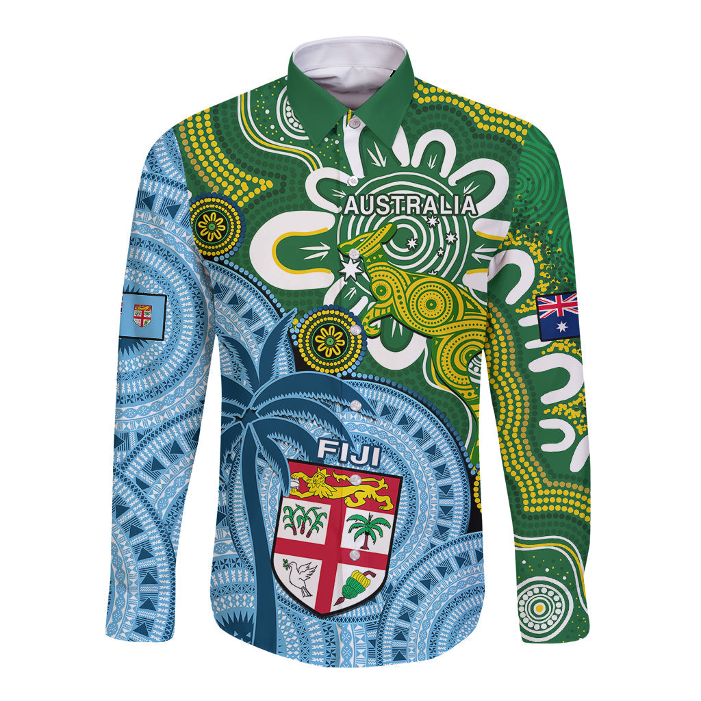 Australia And Fiji Long Sleeve Button Shirt Aboriginal Mix Fijian Tapa Unique Style