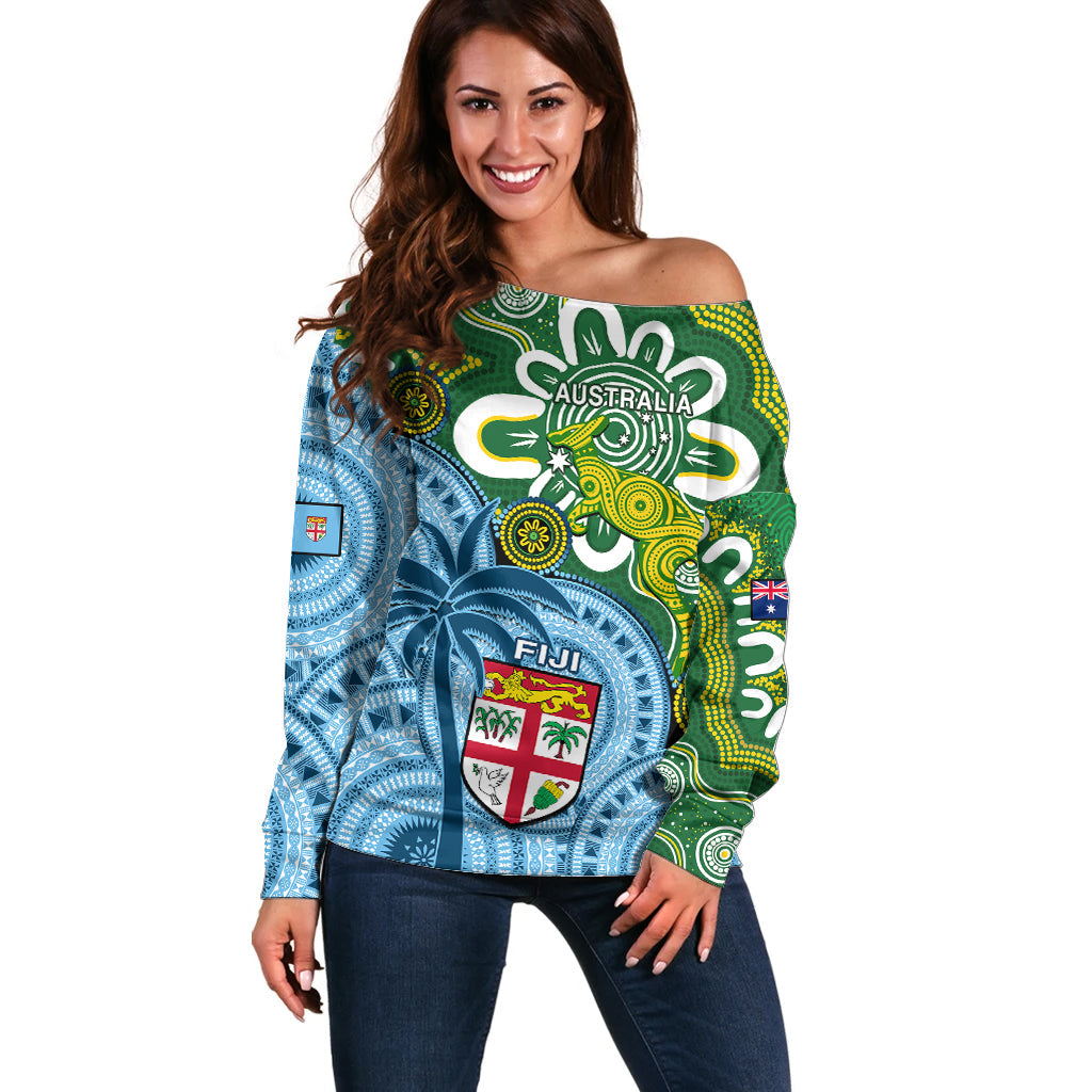 Australia And Fiji Off Shoulder Sweater Aboriginal Mix Fijian Tapa Unique Style