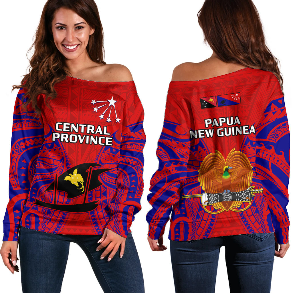Papua New Guinea Off Shoulder Sweater Central Province Mix Coat Of Arms Polynesian Art