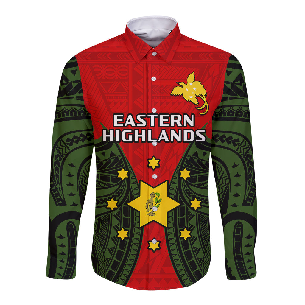 Papua New Guinea Long Sleeve Button Shirt Eastern Highlands Province Mix Coat Of Arms Polynesian Art