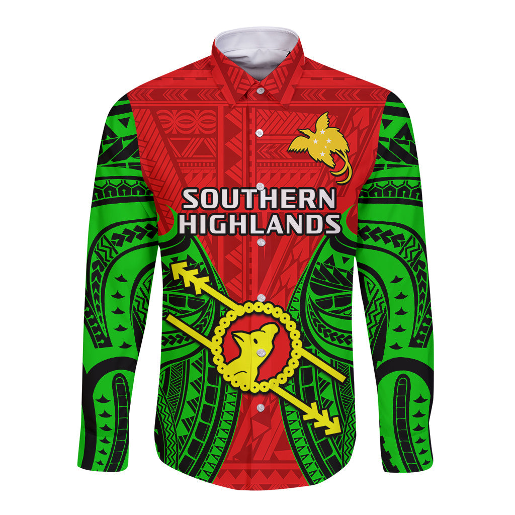Papua New Guinea Long Sleeve Button Shirt Southern Highlands Province Mix Coat Of Arms Polynesian Art